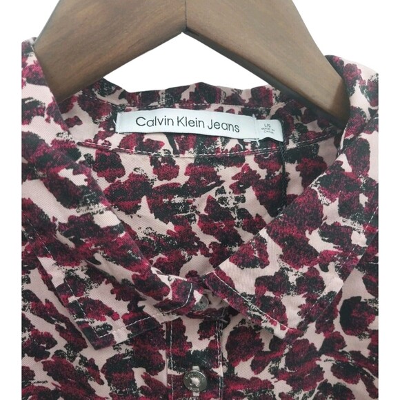 Calvin Klein Jeans Women’s Shirt long Sleeve Button Up Red Animal Print Sz L New - Picture 5 of 13